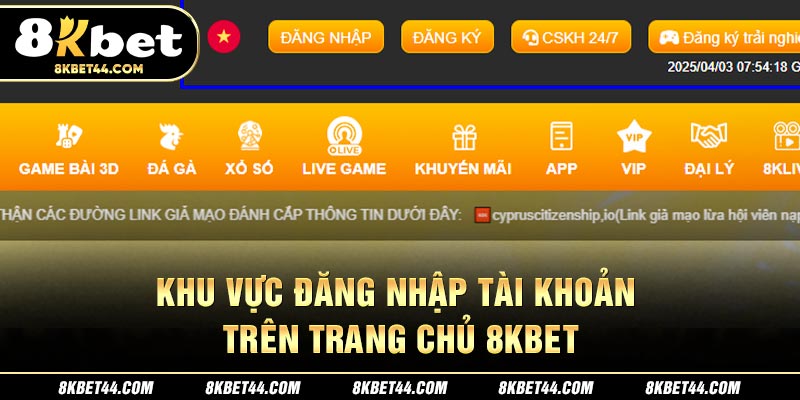 Ảnh chụp màn hình khu vực đăng nhập tài khoản trên trang chủ 8Kbet