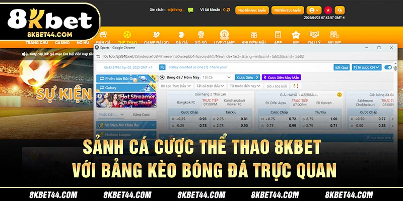 Sảnh cá cược thể thao 8Kbet với bảng kèo bóng đá trực quan